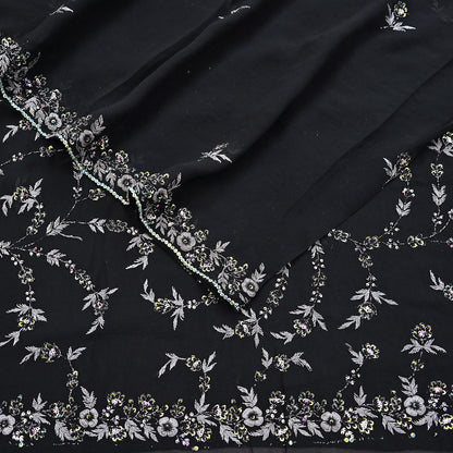 Indian Vintage Heavy Sari Black Pure Georgette Silk Hand Beaded Sarees Craft Fabric 5Yd Sewing Soft Ethnic Wedding Dress making