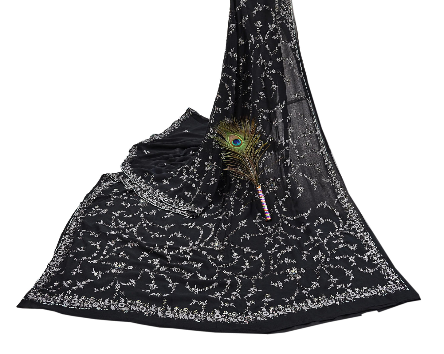 Indian Vintage Heavy Sari Black Pure Georgette Silk Hand Beaded Sarees Craft Fabric 5Yd Sewing Soft Ethnic Wedding Dress making
