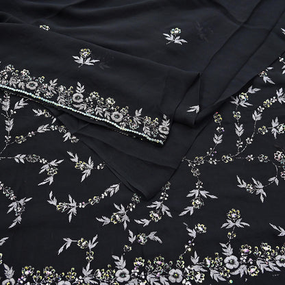 Indian Vintage Heavy Sari Black Pure Georgette Silk Hand Beaded Sarees Craft Fabric 5Yd Sewing Soft Ethnic Wedding Dress making