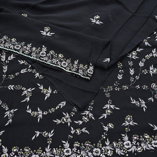 Indian Vintage Heavy Sari Black Pure Georgette Silk Hand Beaded Sarees Craft Fabric 5Yd Sewing Soft Ethnic Wedding Dress making