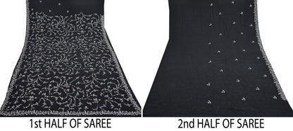 Indian Vintage Heavy Sari Black Pure Georgette Silk Hand Beaded Sarees Craft Fabric 5Yd Sewing Soft Ethnic Wedding Dress making