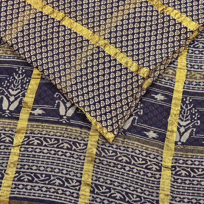 Indian Vintage Sari Beige & Black Printed Pure Cotton Sarees Craft Fabric 6Yd Soft Sewing Sarong Wrap Boho Quilting Dress making zari border