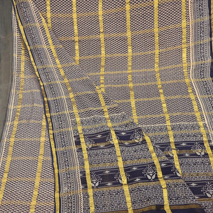Indian Vintage Sari Beige & Black Printed Pure Cotton Sarees Craft Fabric 6Yd Soft Sewing Sarong Wrap Boho Quilting Dress making zari border