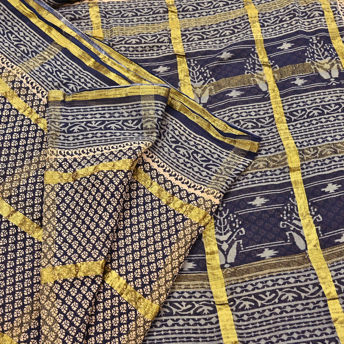 Indian Vintage Sari Beige & Black Printed Pure Cotton Sarees Craft Fabric 6Yd Soft Sewing Sarong Wrap Boho Quilting Dress making zari border