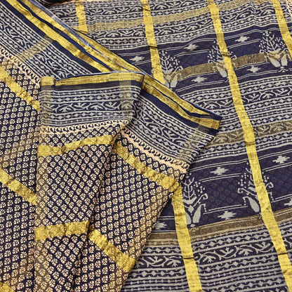Indian Vintage Sari Beige & Black Printed Pure Cotton Sarees Craft Fabric 6Yd Soft Sewing Sarong Wrap Boho Quilting Dress making zari border