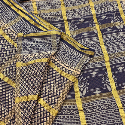 Indian Vintage Sari Beige & Black Printed Pure Cotton Sarees Craft Fabric 6Yd Soft Sewing Sarong Wrap Boho Quilting Dress making zari border