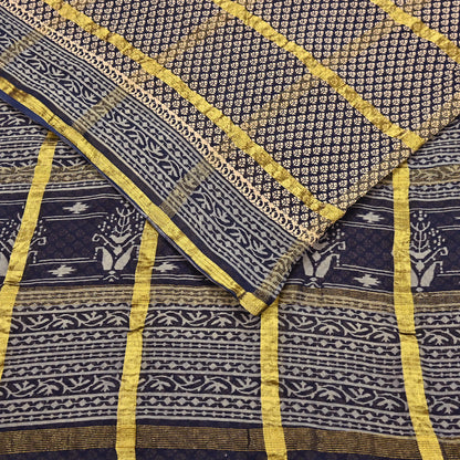 Indian Vintage Sari Beige & Black Printed Pure Cotton Sarees Craft Fabric 6Yd Soft Sewing Sarong Wrap Boho Quilting Dress making zari border