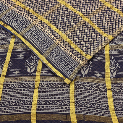 Indian Vintage Sari Beige & Black Printed Pure Cotton Sarees Craft Fabric 6Yd Soft Sewing Sarong Wrap Boho Quilting Dress making zari border