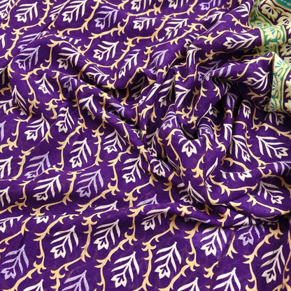 Indian Vintage Sari Purple Pure Cotton Printed Saree 5Yd Craft Fabric Sewing Sarong Wrap Boho Floral Quilting crafting dressmaking
