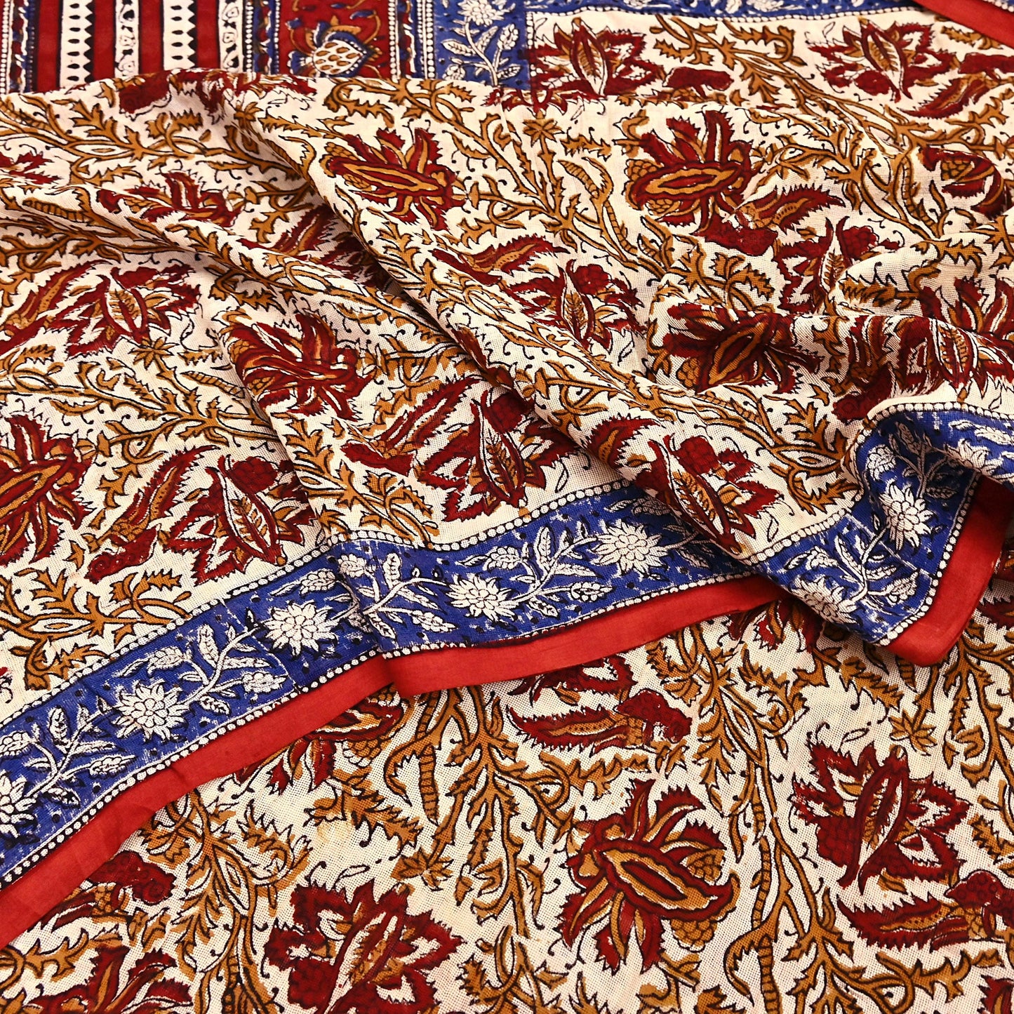 Indian Vintage Beige Saree Block Printed Pure Cotton Sari Craft Fabric Soft 5Yd Sewing Sarong Wrap Boho Quilting Crafting Dress making