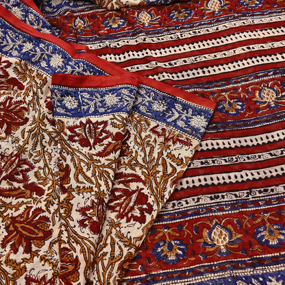 Indian Vintage Beige Saree Block Printed Pure Cotton Sari Craft Fabric Soft 5Yd Sewing Sarong Wrap Boho Quilting Crafting Dress making