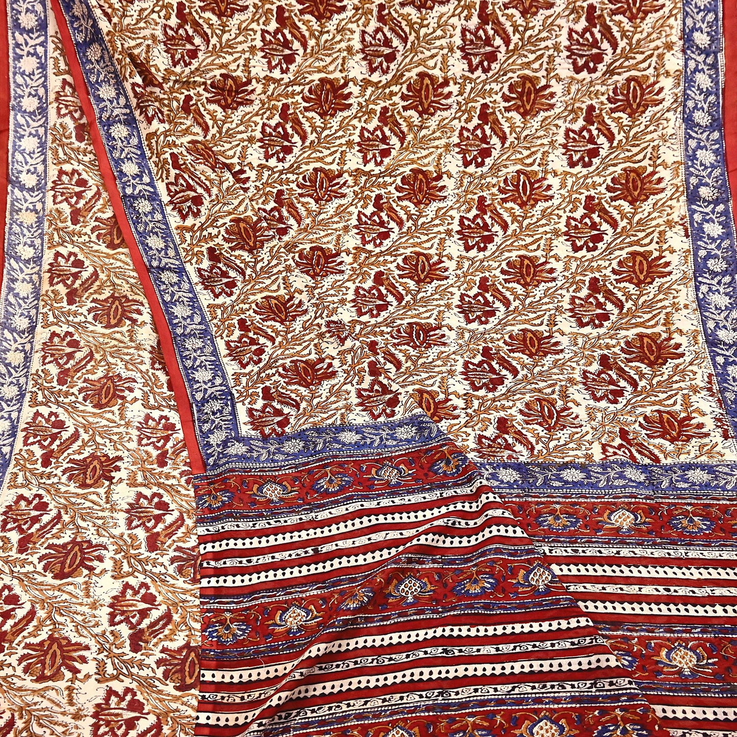 Indian Vintage Beige Saree Block Printed Pure Cotton Sari Craft Fabric Soft 5Yd Sewing Sarong Wrap Boho Quilting Crafting Dress making