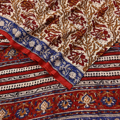 Indian Vintage Beige Saree Block Printed Pure Cotton Sari Craft Fabric Soft 5Yd Sewing Sarong Wrap Boho Quilting Crafting Dress making