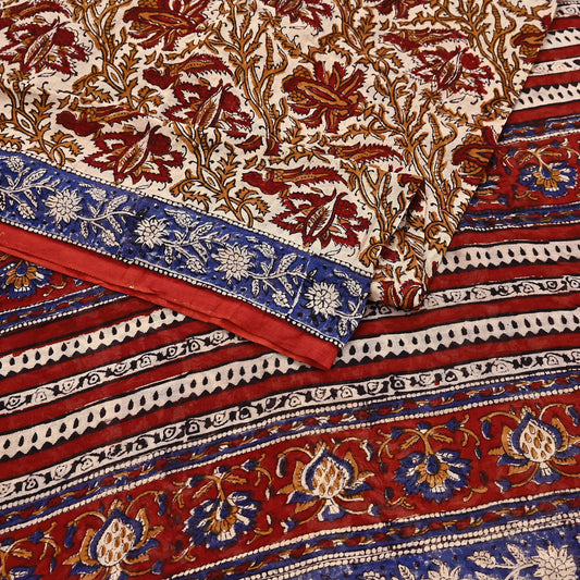 Indian Vintage Beige Saree Block Printed Pure Cotton Sari Craft Fabric Soft 5Yd Sewing Sarong Wrap Boho Quilting Crafting Dress making