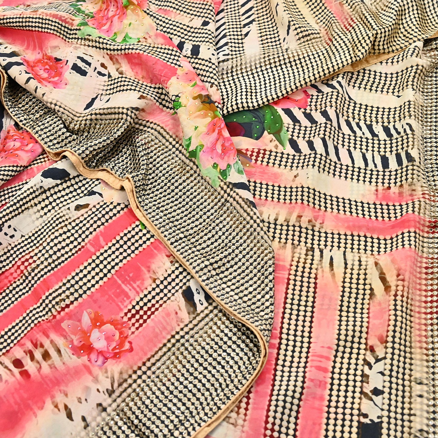 Indian Vintage Saree Pure Satin Silk Digital hand beaded Printed Sari 5yd Sewing Soft Craft Fabric Dress Making Crafting