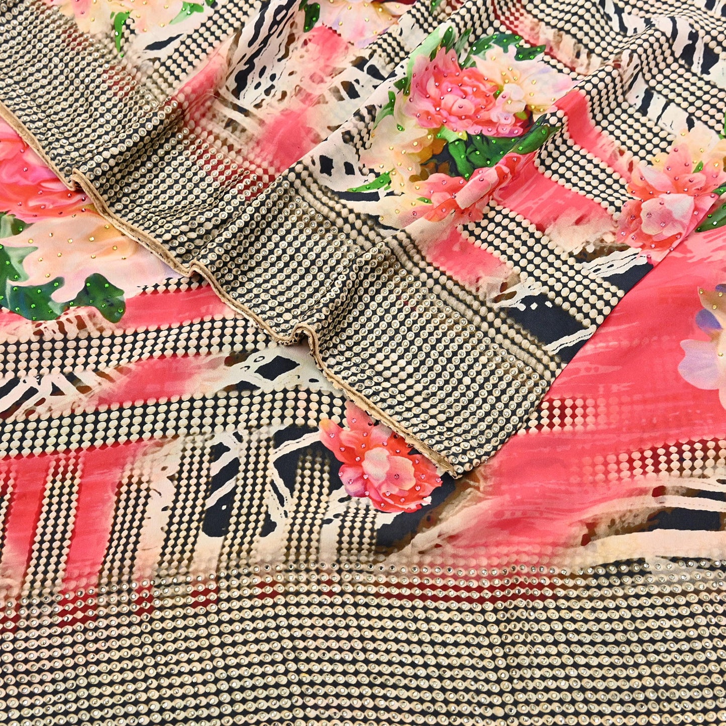 Indian Vintage Saree Pure Satin Silk Digital hand beaded Printed Sari 5yd Sewing Soft Craft Fabric Dress Making Crafting