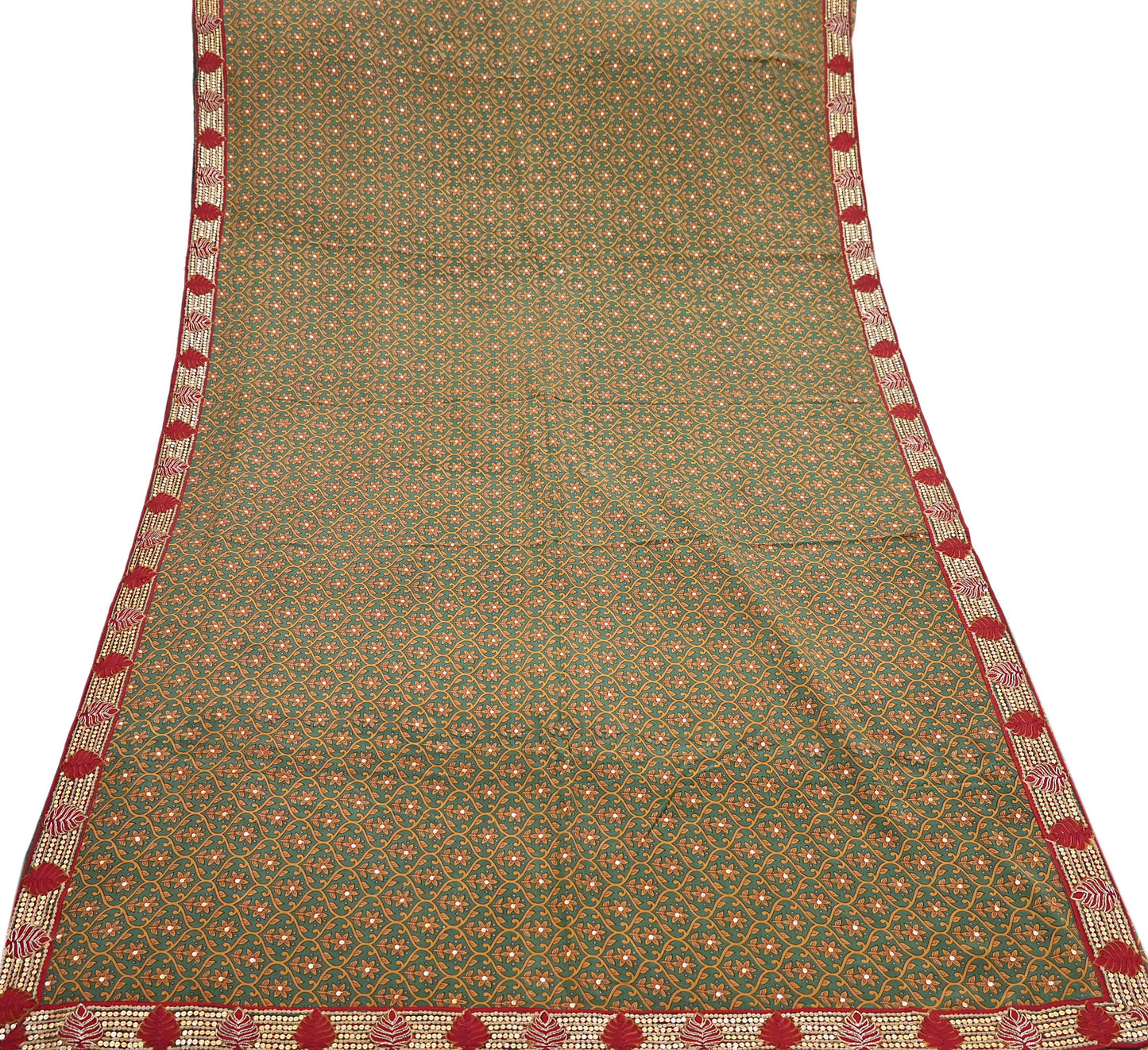 Indian Vintage Sari Green Pure Crepe Silk Hand Embroidered Saree 6yd Sewing Floral Craft Sequins Dress making Crafting Quilting