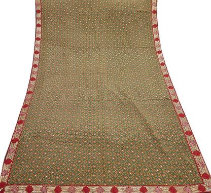 Indian Vintage Sari Green Pure Crepe Silk Hand Embroidered Saree 6yd Sewing Floral Craft Sequins Dress making Crafting Quilting