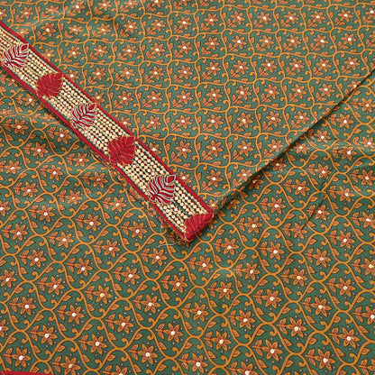 Indian Vintage Sari Green Pure Crepe Silk Hand Embroidered Saree 6yd Sewing Floral Craft Sequins Dress making Crafting Quilting