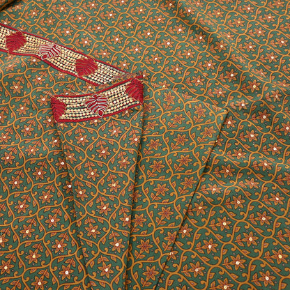 Indian Vintage Sari Green Pure Crepe Silk Hand Embroidered Saree 6yd Sewing Floral Craft Sequins Dress making Crafting Quilting