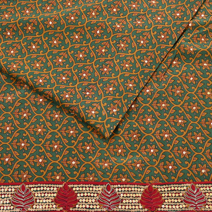 Indian Vintage Sari Green Pure Crepe Silk Hand Embroidered Saree 6yd Sewing Floral Craft Sequins Dress making Crafting Quilting