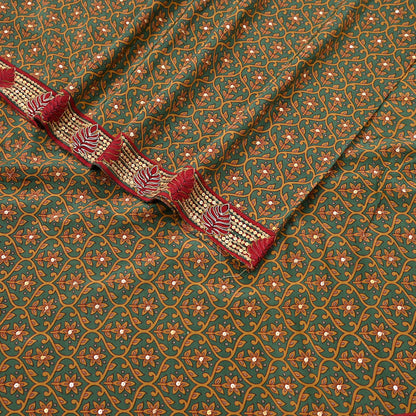 Indian Vintage Sari Green Pure Crepe Silk Hand Embroidered Saree 6yd Sewing Floral Craft Sequins Dress making Crafting Quilting