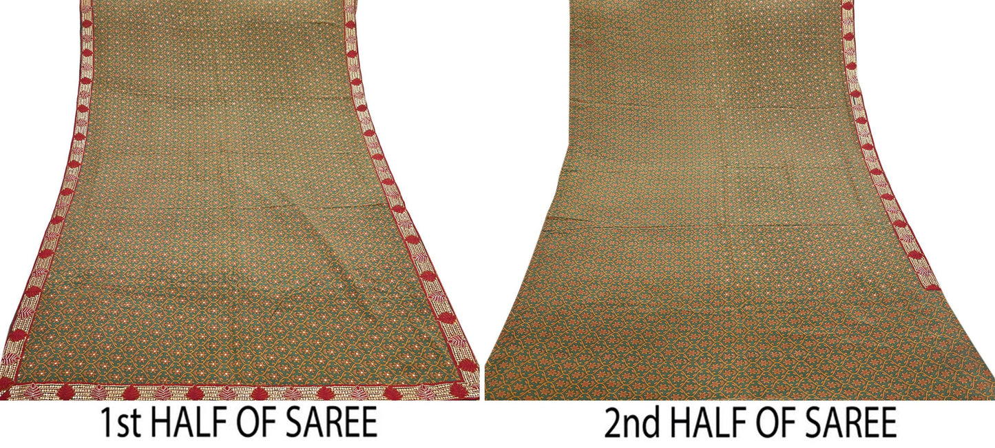 Indian Vintage Sari Green Pure Crepe Silk Hand Embroidered Saree 6yd Sewing Floral Craft Sequins Dress making Crafting Quilting