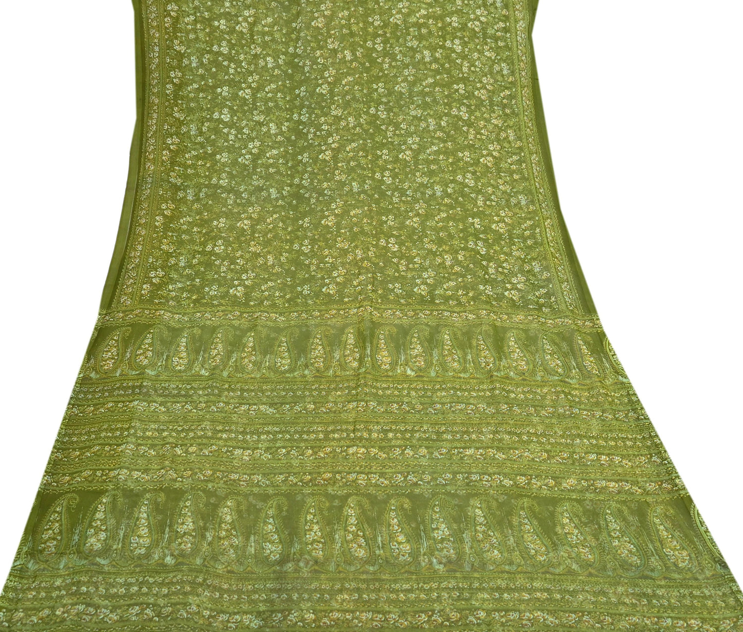 Indian Vintage Sari Green Pure Chiffon Silk Printed Sarees 5Yd Craft Fabric Sewing Soft Light Sari Dress Making Quilting For Crating