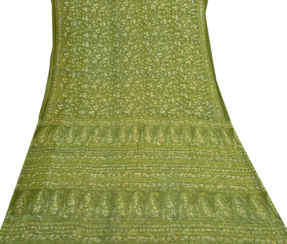 Indian Vintage Sari Green Pure Chiffon Silk Printed Sarees 5Yd Craft Fabric Sewing Soft Light Sari Dress Making Quilting For Crating