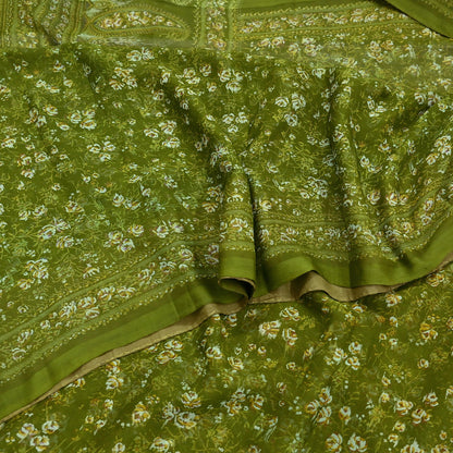 Indian Vintage Sari Green Pure Chiffon Silk Printed Sarees 5Yd Craft Fabric Sewing Soft Light Sari Dress Making Quilting For Crating