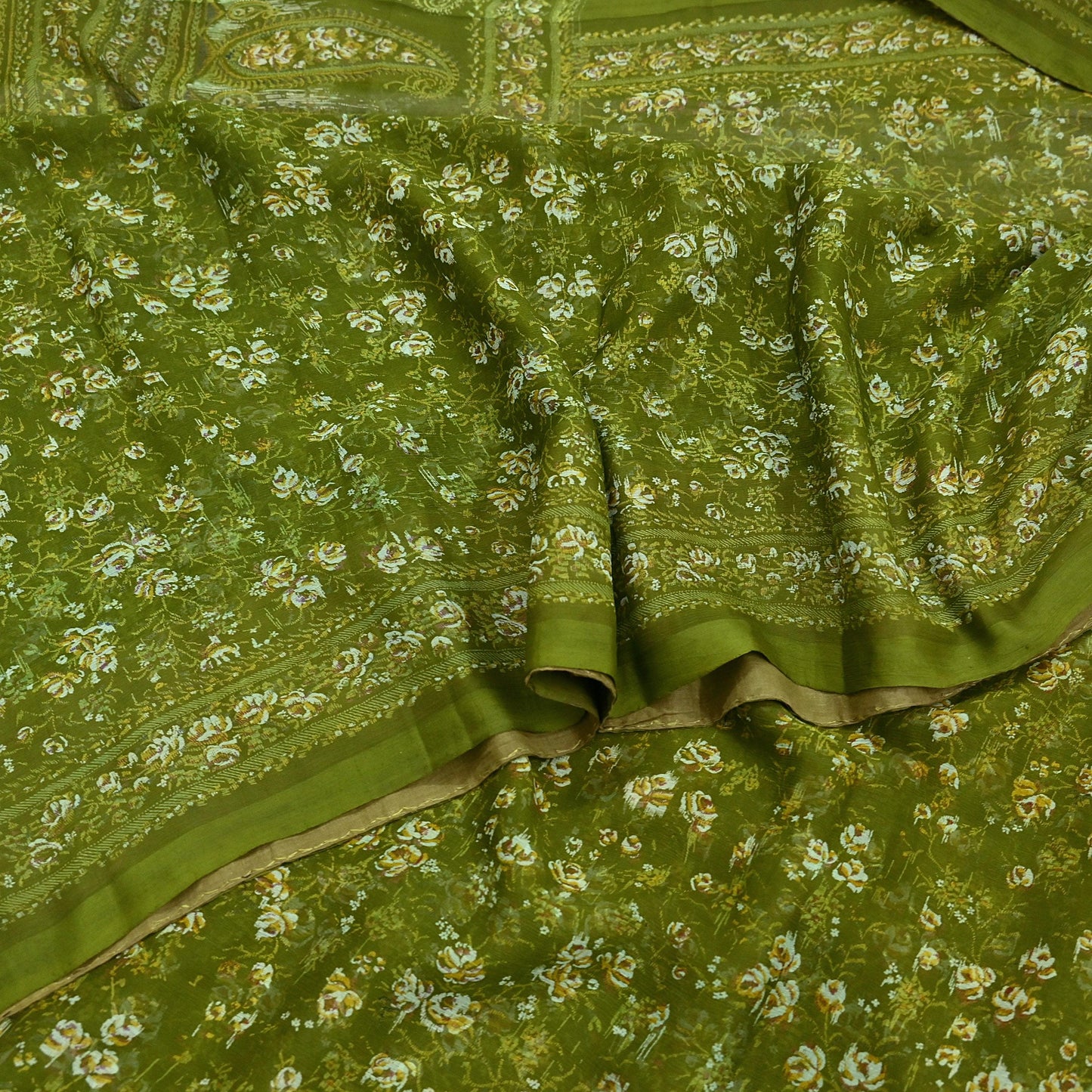 Indian Vintage Sari Green Pure Chiffon Silk Printed Sarees 5Yd Craft Fabric Sewing Soft Light Sari Dress Making Quilting For Crating