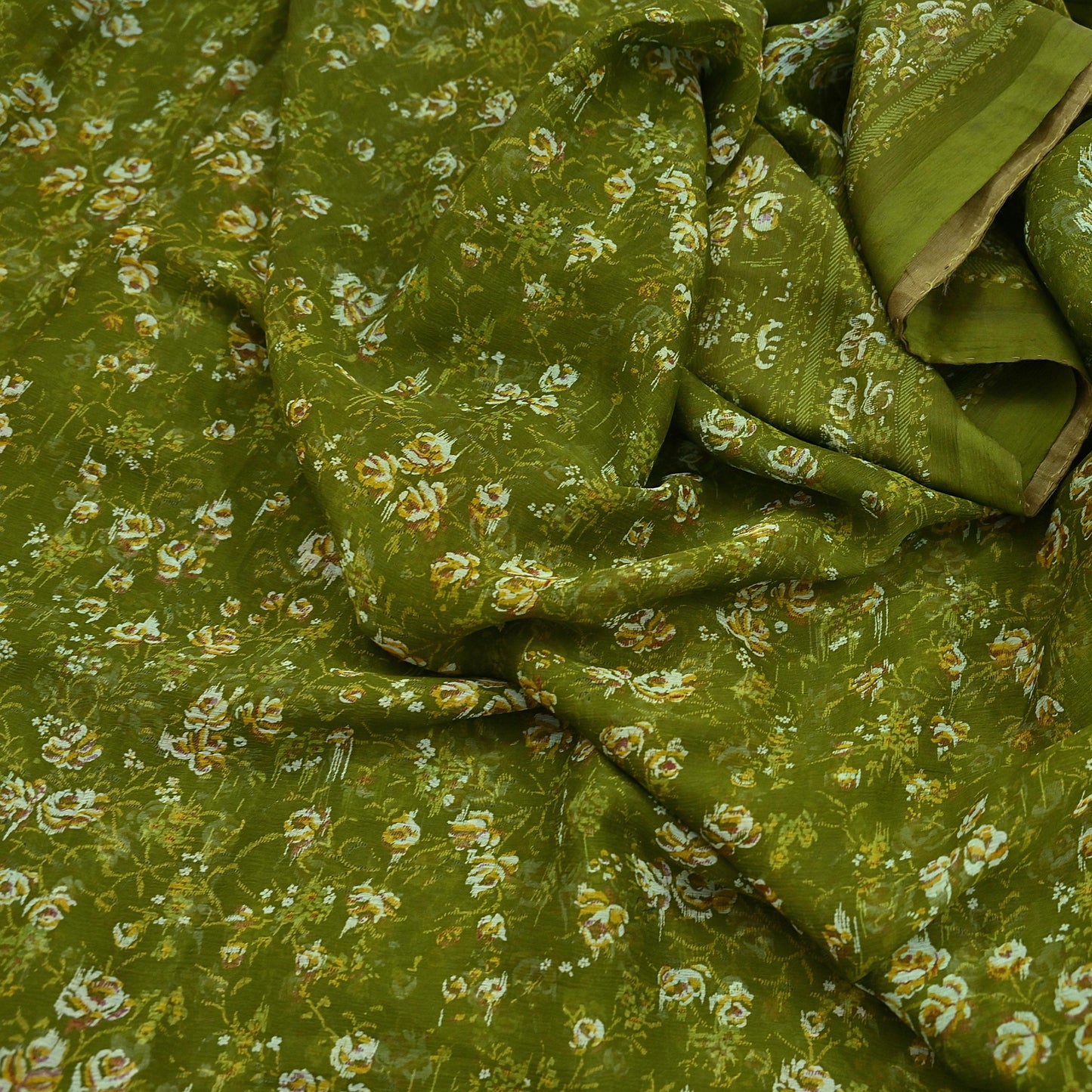 Indian Vintage Sari Green Pure Chiffon Silk Printed Sarees 5Yd Craft Fabric Sewing Soft Light Sari Dress Making Quilting For Crating