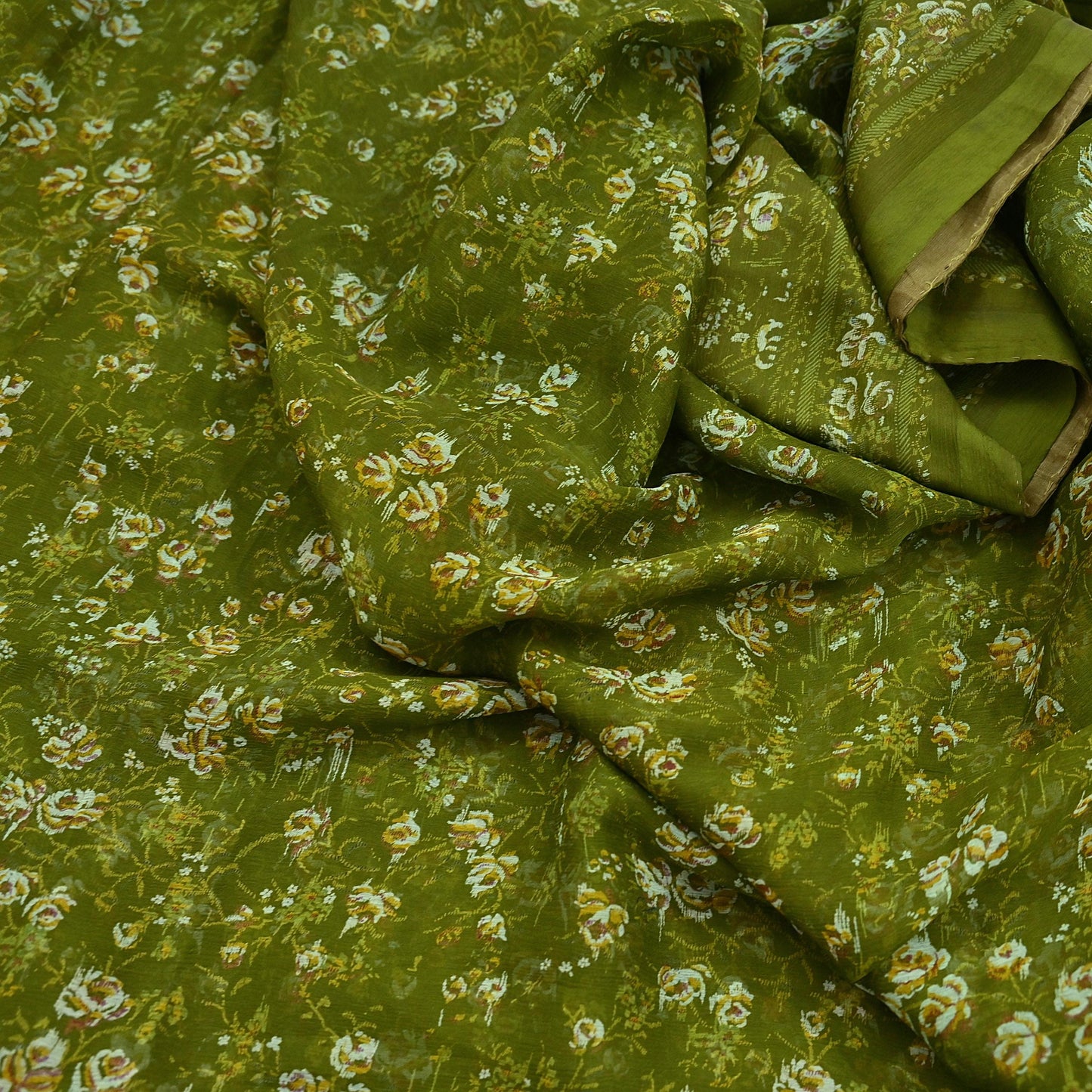 Indian Vintage Sari Green Pure Chiffon Silk Printed Sarees 5Yd Craft Fabric Sewing Soft Light Sari Dress Making Quilting For Crating