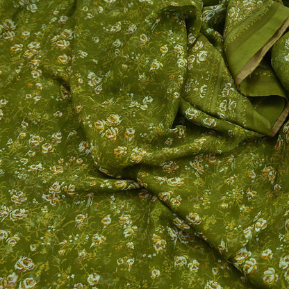 Indian Vintage Sari Green Pure Chiffon Silk Printed Sarees 5Yd Craft Fabric Sewing Soft Light Sari Dress Making Quilting For Crating