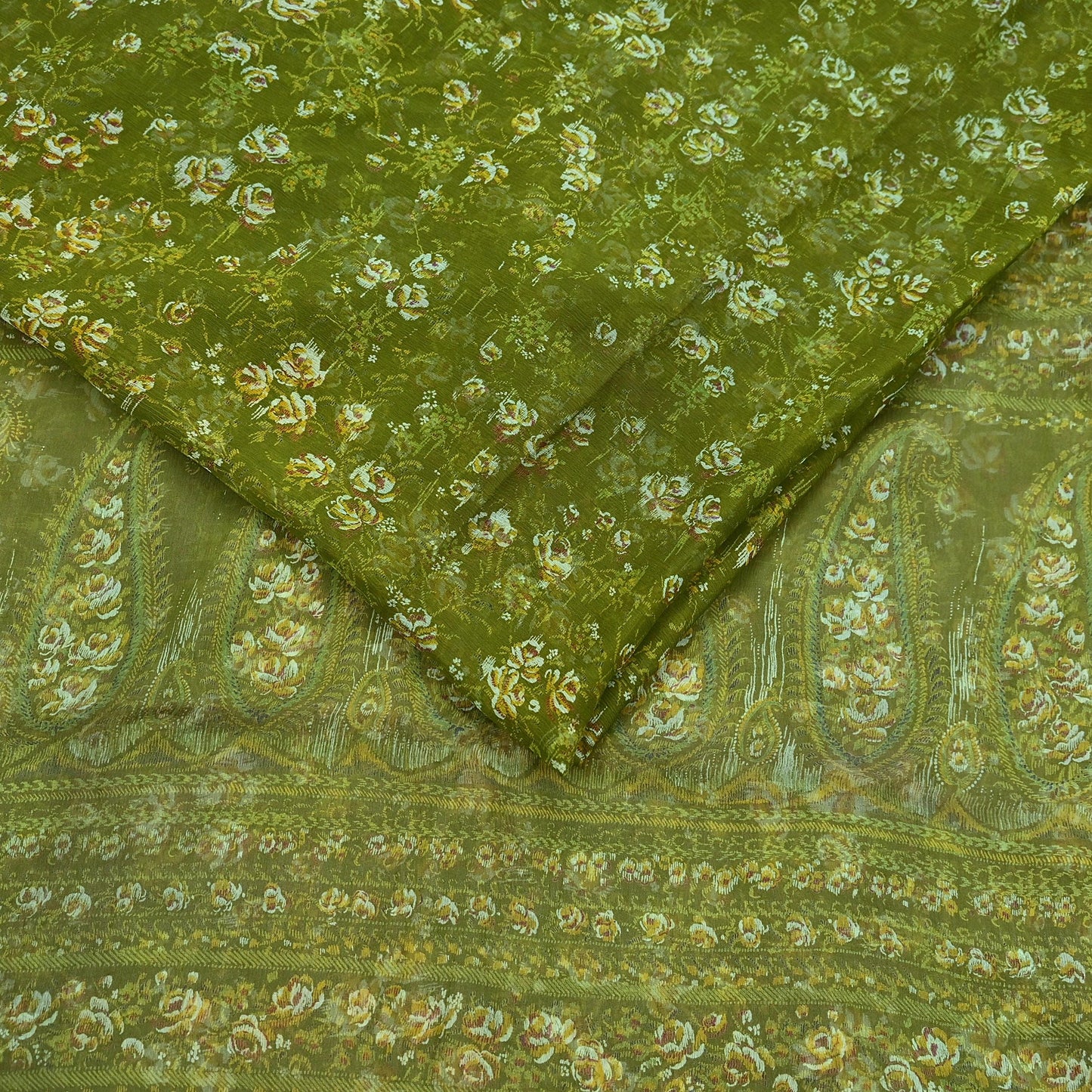 Indian Vintage Sari Green Pure Chiffon Silk Printed Sarees 5Yd Craft Fabric Sewing Soft Light Sari Dress Making Quilting For Crating