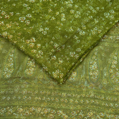 Indian Vintage Sari Green Pure Chiffon Silk Printed Sarees 5Yd Craft Fabric Sewing Soft Light Sari Dress Making Quilting For Crating