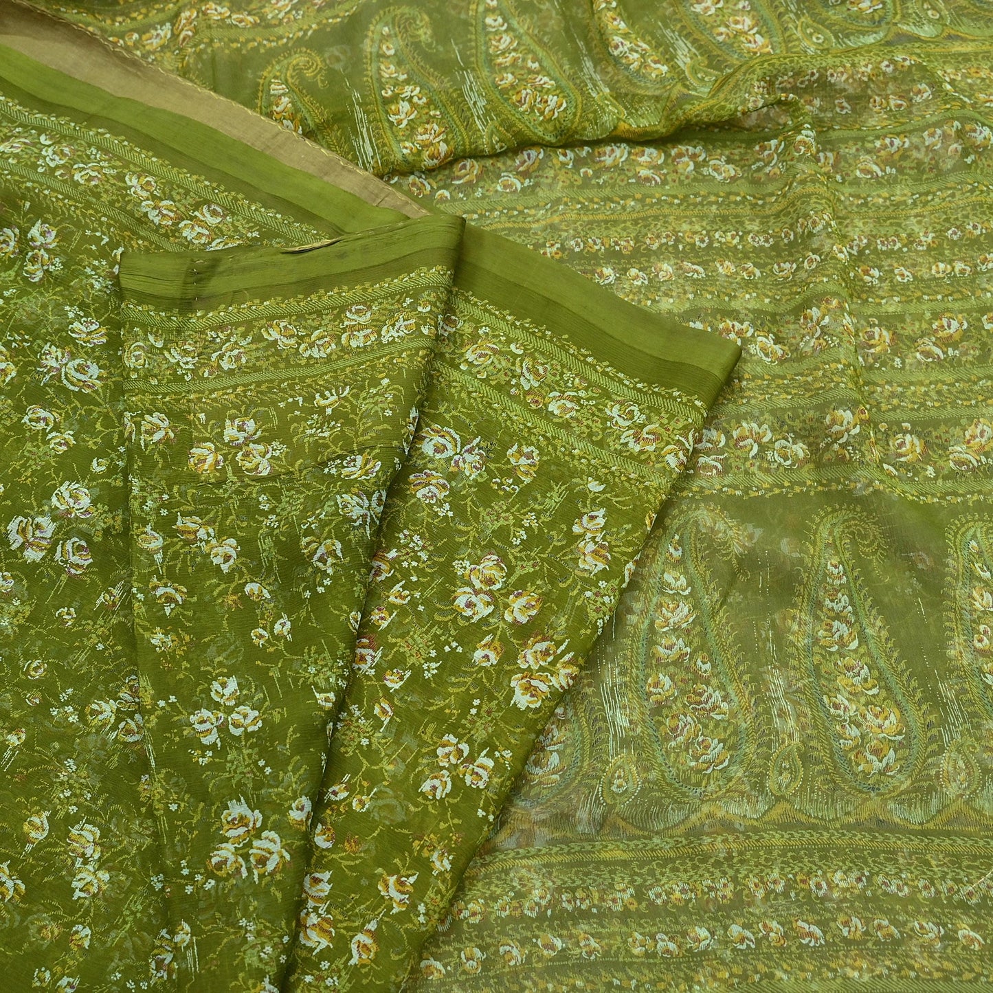 Indian Vintage Sari Green Pure Chiffon Silk Printed Sarees 5Yd Craft Fabric Sewing Soft Light Sari Dress Making Quilting For Crating