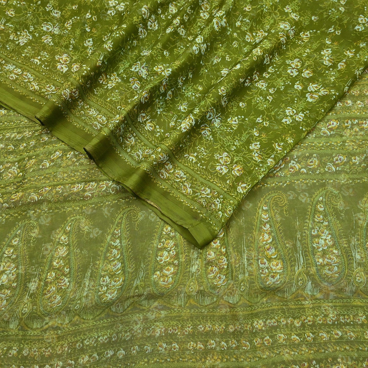 Indian Vintage Sari Green Pure Chiffon Silk Printed Sarees 5Yd Craft Fabric Sewing Soft Light Sari Dress Making Quilting For Crating