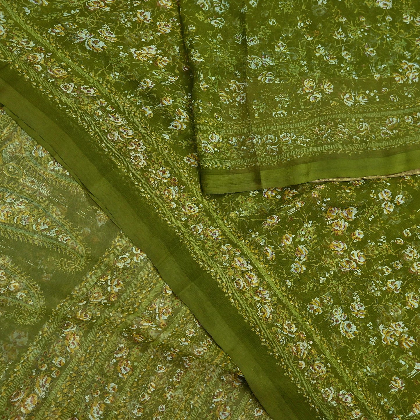 Indian Vintage Sari Green Pure Chiffon Silk Printed Sarees 5Yd Craft Fabric Sewing Soft Light Sari Dress Making Quilting For Crating