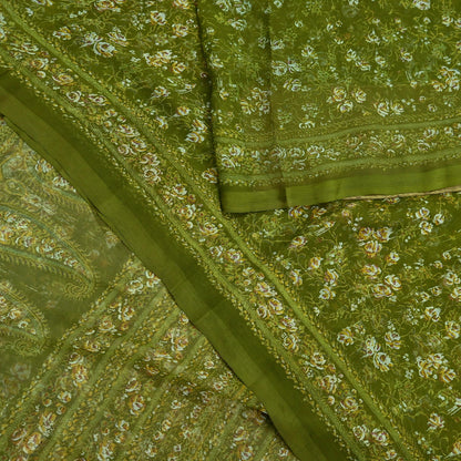 Indian Vintage Sari Green Pure Chiffon Silk Printed Sarees 5Yd Craft Fabric Sewing Soft Light Sari Dress Making Quilting For Crating