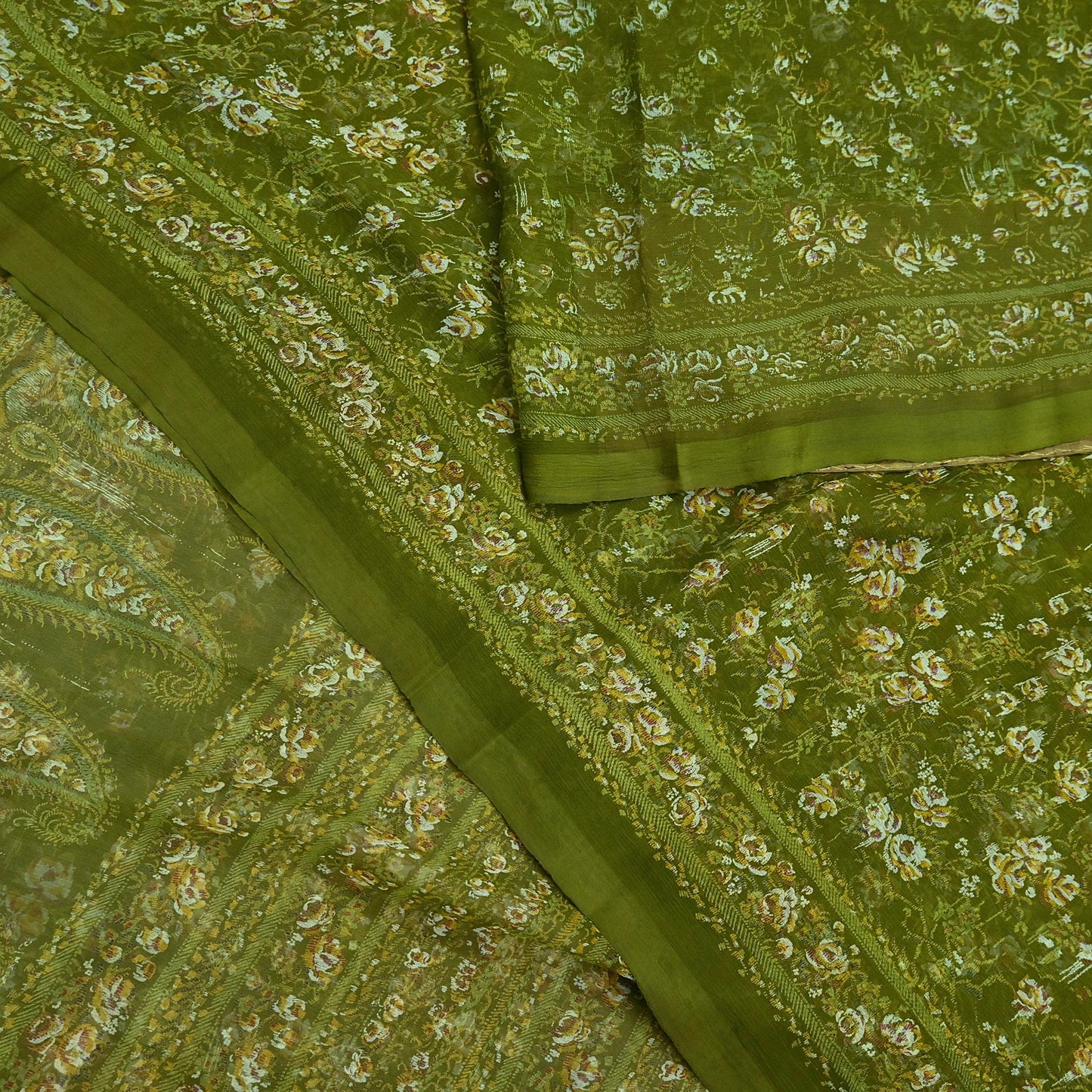 Indian Vintage Sari Green Pure Chiffon Silk Printed Sarees 5Yd Craft Fabric Sewing Soft Light Sari Dress Making Quilting For Crating