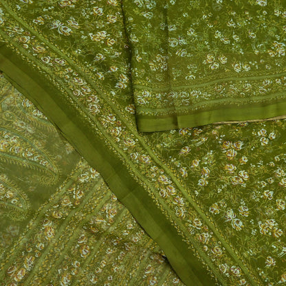 Indian Vintage Sari Green Pure Chiffon Silk Printed Sarees 5Yd Craft Fabric Sewing Soft Light Sari Dress Making Quilting For Crating