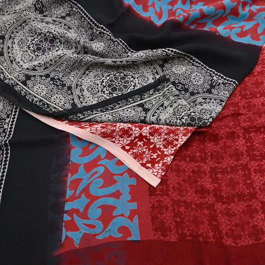 Indian Vintage Saree Red & Black Pure Georgette Silk Printed Sari Sewing 6yd Craft Soft Floral Dress Designing for Crafting