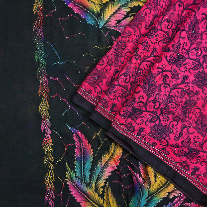 Indian Vintage Pink & Black Pure Silk Printed Mukesh Work Saree 6Yards Soft Fabric for Dressmaking, Quilting, Crafting, Sewing, Dress Making