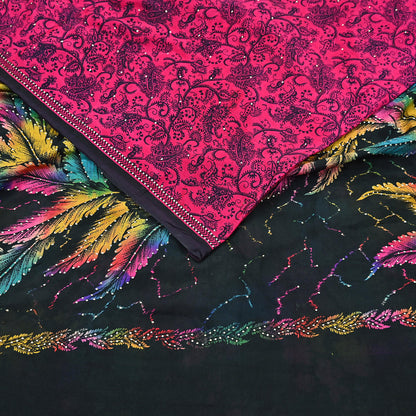 Indian Vintage Pink & Black Pure Silk Printed Mukesh Work Saree 6Yards Soft Fabric for Dressmaking, Quilting, Crafting, Sewing, Dress Making