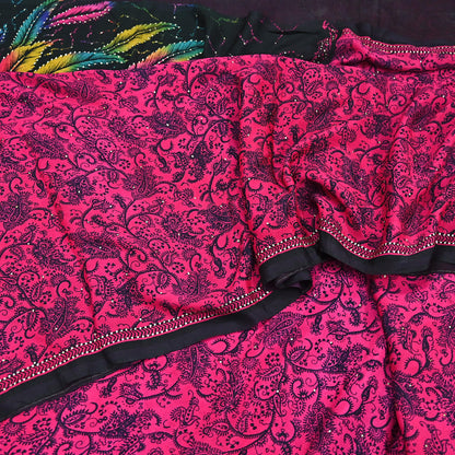 Indian Vintage Pink & Black Pure Silk Printed Mukesh Work Saree 6Yards Soft Fabric for Dressmaking, Quilting, Crafting, Sewing, Dress Making