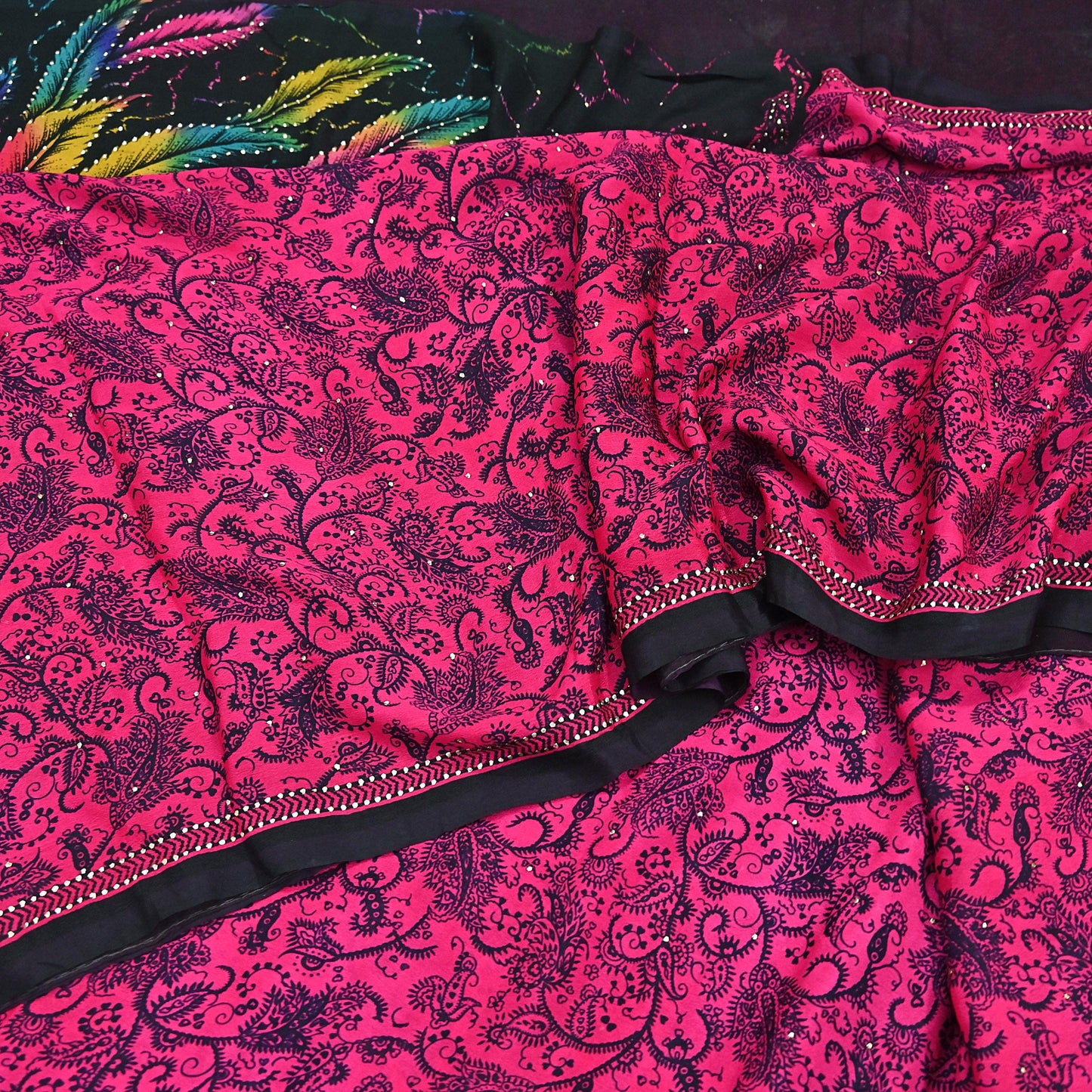 Indian Vintage Pink & Black Pure Silk Printed Mukesh Work Saree 6Yards Soft Fabric for Dressmaking, Quilting, Crafting, Sewing, Dress Making