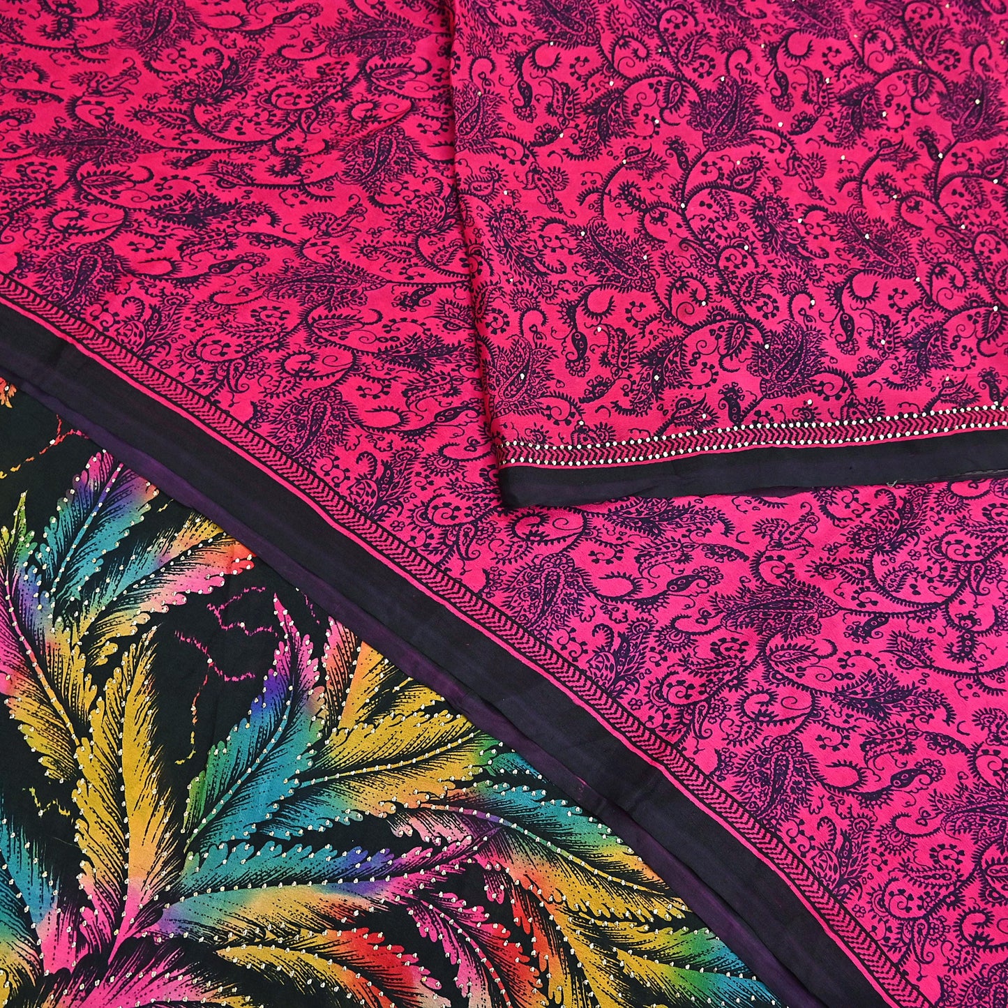 Indian Vintage Pink & Black Pure Silk Printed Mukesh Work Saree 6Yards Soft Fabric for Dressmaking, Quilting, Crafting, Sewing, Dress Making