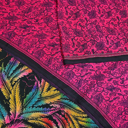 Indian Vintage Pink & Black Pure Silk Printed Mukesh Work Saree 6Yards Soft Fabric for Dressmaking, Quilting, Crafting, Sewing, Dress Making