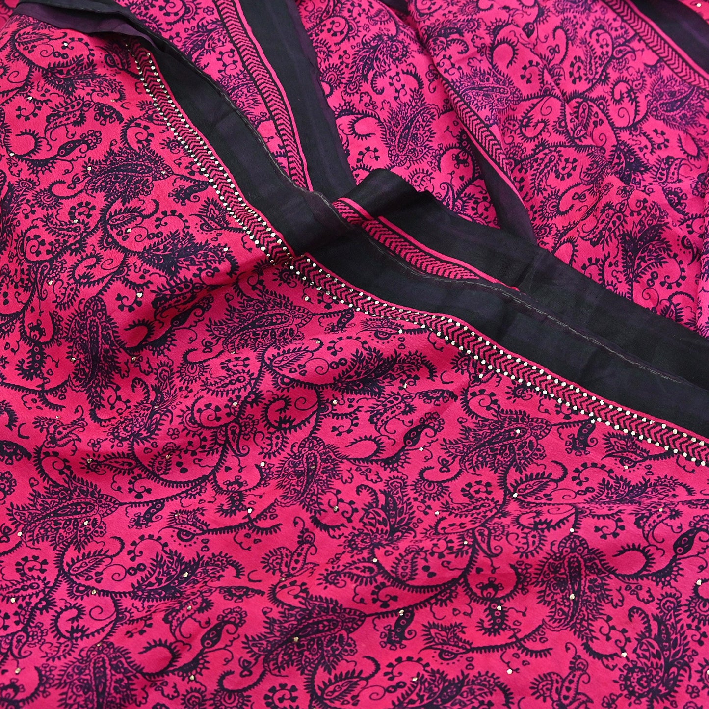 Indian Vintage Pink & Black Pure Silk Printed Mukesh Work Saree 6Yards Soft Fabric for Dressmaking, Quilting, Crafting, Sewing, Dress Making